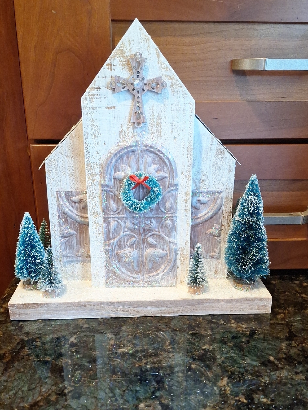 Rustic Handmade Wood Holiday Church  with Bottlebrush Trees And Very Nice Detail